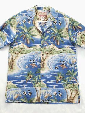 RJC Shirt Mens Medium Blue Hawaiian Made Island Palm Tree Short Sleeve